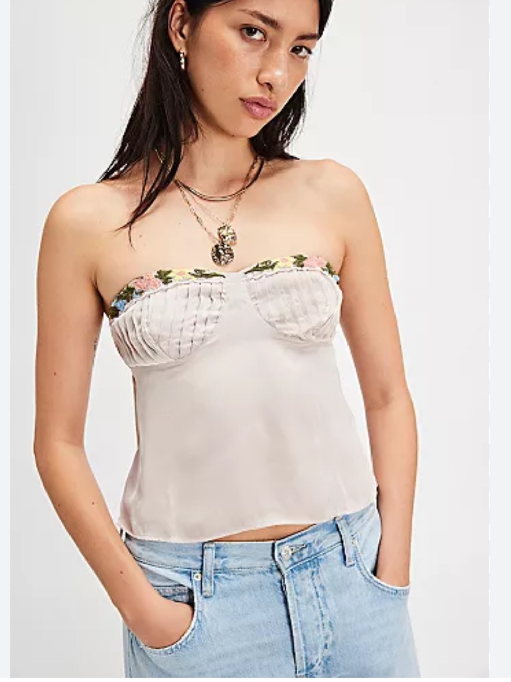 FREE PEOPLE Ember Glow Tube Top Ivory Embroidered Flower trim Pintuck Going Out‎